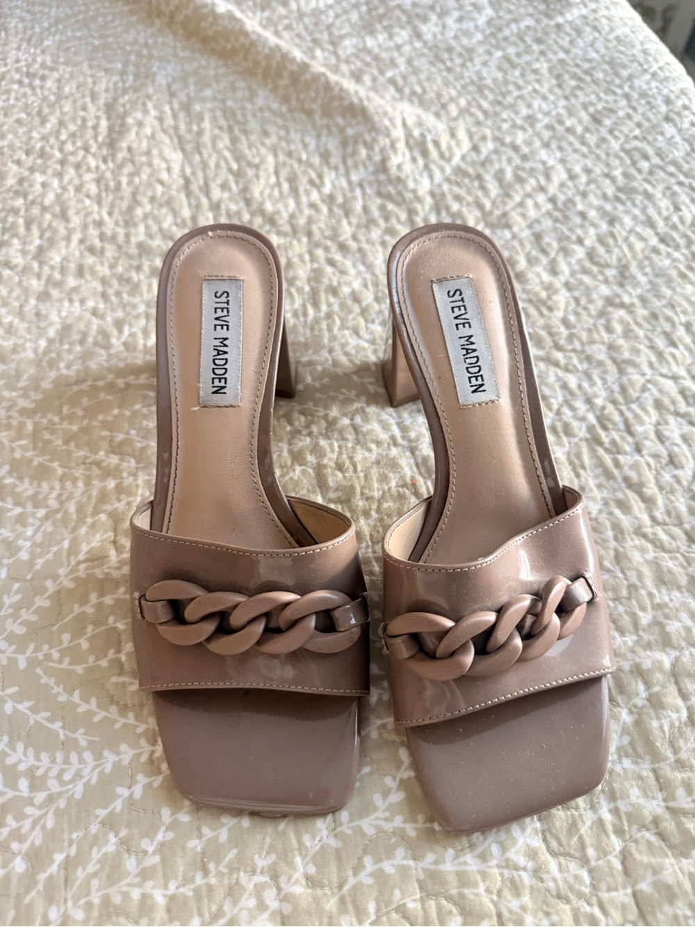 Steve Madden Taupe Chain-Trim Block Heel Mules